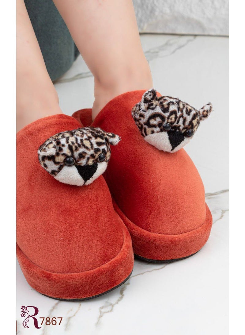 Women's fur slippers, reddish-orange color with a leopard print - Image 2
